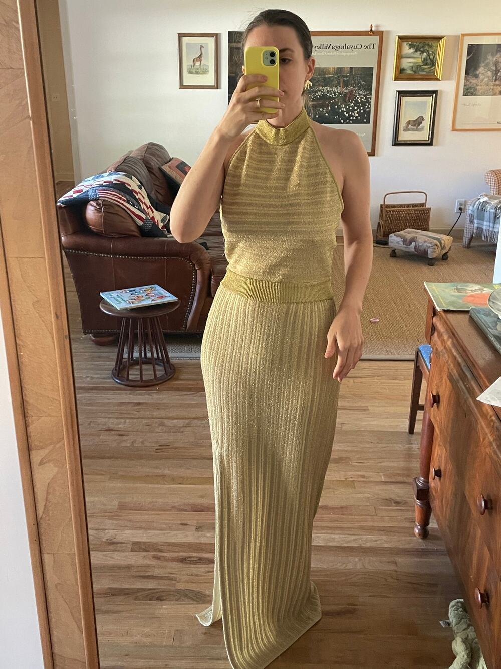 Herve Leger Gold Knit Halter Maxi Gown Size Large